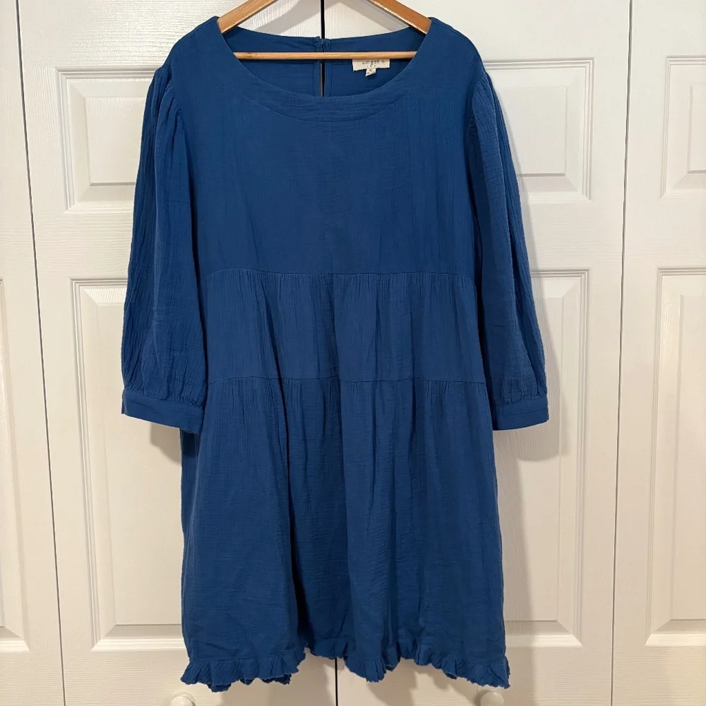 Umgee Blue Raw Ruffle Hem Dress, 1XL - Picture 1 of 11